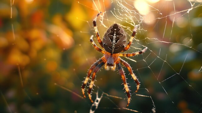  a close up of a spider on it's web in front of a blurry background of green and yellow leaves in the foreground of a blurry image.