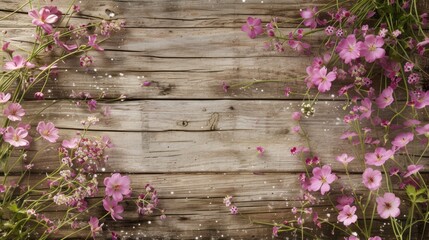 Fototapeta premium a bunch of pink flowers sitting on top of a wooden table next to a piece of wood with white dots on the bottom of the frame and bottom half of the frame.