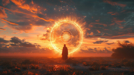 A dream catcher spins as a hologram at sunset merging tradition with futuristic visions - obrazy, fototapety, plakaty