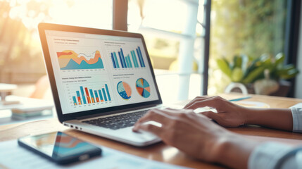 person working on a laptop which displays various colorful charts and graphs indicating some data analytics or business performance metrics.