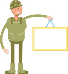 Soldier Character Holding Blank Signage
