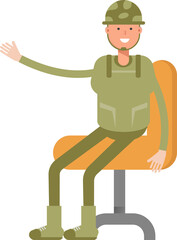 Soldier Character Sitting on Office Chair
