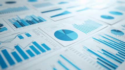 close-up of a collection of business documents with various types of charts and graphs