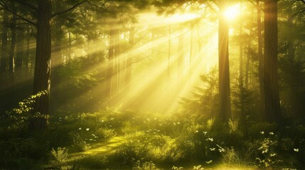  a sunbeam shines through the trees in a forest filled with green grass and wildflowers, while the sun shines through the trees in the distance.