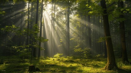  the sun shines through the trees in a forest filled with green grass and tall, leafy trees, with a bright beam of sunlight shining through the trees.