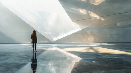A modern art museum, with a visitor admiring a sculpture against a backdrop of stark white walls...
