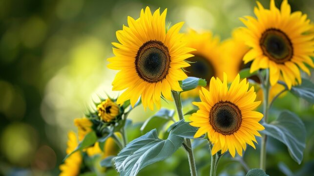  a close up of a bunch of sunflowers with green leaves in the foreground and a blurry background of the sunflowers in the foreground.