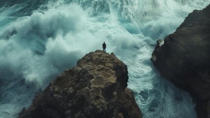 A serene coastal cliff, with a person standing against a backdrop of rugged rocks and crashing waves below - obrazy, fototapety, plakaty