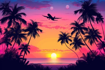 Airplane silhouette flying above tropical palm trees during a breathtaking sunset Evoking the allure of travel Adventure And the beauty of exotic destinations