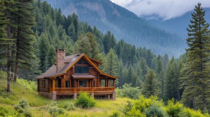 A serene mountain cabin nestled among tall pines, offering a peaceful retreat from the chaos of everyday life - obrazy, fototapety, plakaty