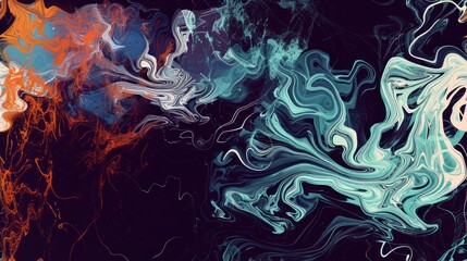  an abstract painting of blue, orange, and white swirls on a black background with red, white, and blue swirls on the left side of the image.
