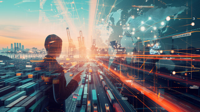 futuristic scene where a person is using augmented reality (AR) to interact with a complex interface, overlaid on a shipping port background. - Powered by Adobe