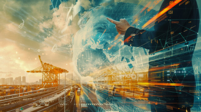 futuristic scene where a person is using augmented reality (AR) to interact with a complex interface, overlaid on a shipping port background.