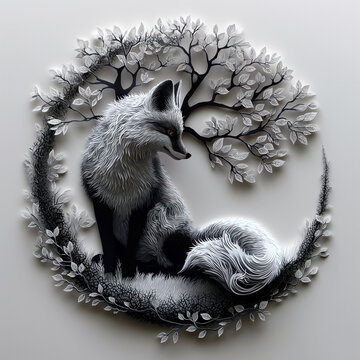 A beautifully crafted piece of art featuring a silver fox encircled by a detailed tree and floral design, creating an atmosphere of serene winter wonder