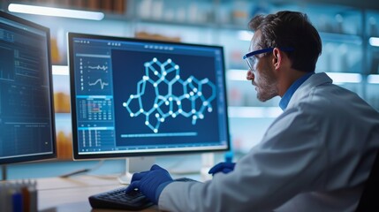 A scientist viewing a complex molecular structure on a computer screen, the blueprint of matter