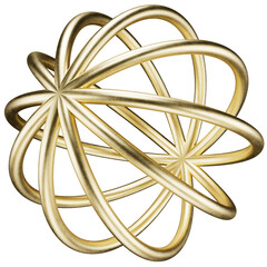 Metal sphere made of rods. Abstract 3D shape in textured gold. 3D render. Matte gold sphere on a transparent background.