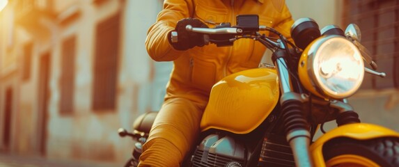 a man holding a helmet on a yellow motorcycle, in the style of advertisement inspired, yellow and...
