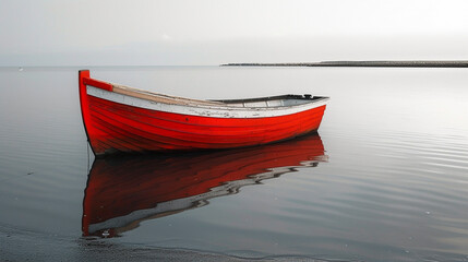 Solitary red boat on calm waters
