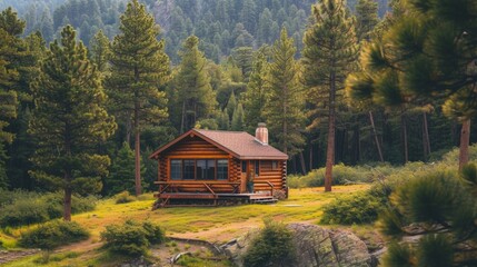 A serene mountain cabin nestled among tall pines, offering a peaceful retreat from the chaos of everyday life
