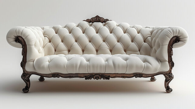 Vintage white tufted sofa on a white background
