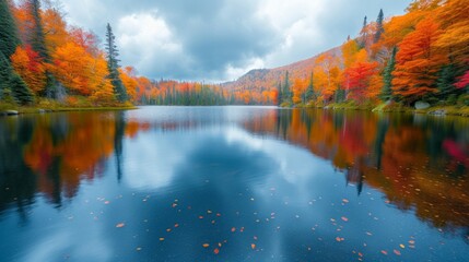Naklejka na ściany i meble A serene lake reflecting the colors of autumn, surrounded by vibrant foliage ablaze with seasonal hues