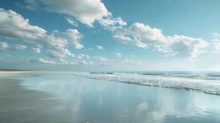 A serene beach scene, with white sandy shores and azure waters stretching to the horizon