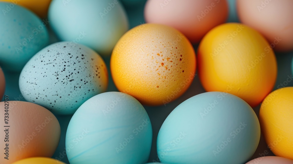 Poster  a pile of colorful eggs with speckled eggs in the middle of the eggs are blue, yellow, and green eggs with speckled eggs in the middle of the eggs.