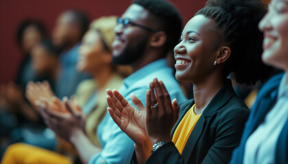 Obraz premium Group of diverse business people applauding, clapping hands during meeting or presentation. Generative AI