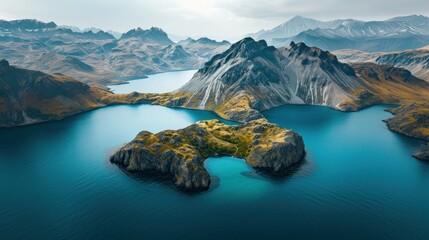  an aerial view of a mountain range with a lake in the foreground and a large body of water in the middle of the image with mountains in the background. - obrazy, fototapety, plakaty