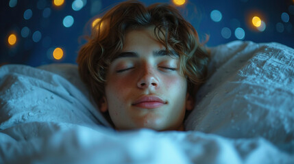 Teenage boy sleeping with fairy lights
