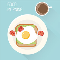  Avocado toast breakfast. Appetizing delicious breakfast of coffee, egg, avocado, sesame seeds and slices of toasted bread. Vector illustration