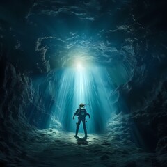 Underwater Explorer in a Majestic Ocean Cavern with Sunlight Beam - obrazy, fototapety, plakaty