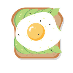 Avocado toast with fried egg. Eggs and avocado toast.  Easy snack or breakfast and lunch. Popular breakfast food on white background. Delicious avocado sandwich. Vector stock illustration.