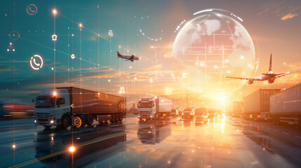 dynamic transportation and logistics concept, showcasing various modes of freight transport such as trucking and aviation, integrated with digital connectivity and global networking.