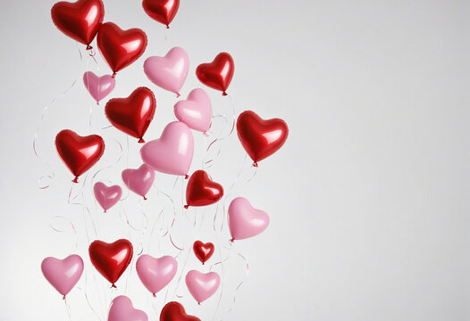 Valentine's day background with red and pink hearts floating like balloons on white background, clipping path.