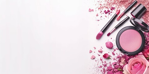 Make-up products and accessories on White background. Beauty, fashion and shopping blogger concept. Copy space banner