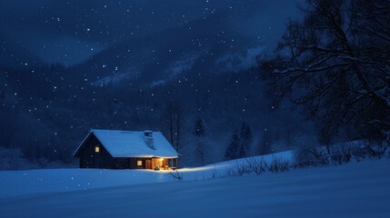  a cabin sits in the middle of a snowy field at night with the moon in the sky and stars in the night sky above the cabin and trees in the foreground.