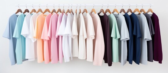 Arrangement of t-shirts on a hanger on a white background - Powered by Adobe