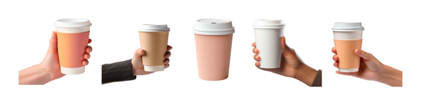 The image presents a series of five hands from left to right, each holding a coffee cup with varying designs and lid styles, against a neutral background, showcasing a range of cup sizes and how they 