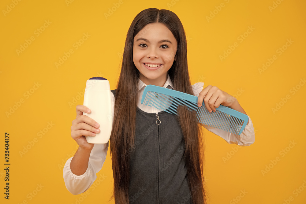 Poster child with shampoo conditioner. daily cosmetic care. teenager hold bottle of hair and skin care. bea