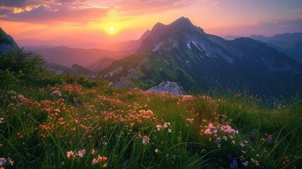  a sunset view of a mountain range with wildflowers in the foreground and wildflowers in the foreground, with the sun setting in the background.