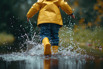 Child in rubber boots and yellow raincoat jumping in puddle, Boy having fun in rainy day - obrazy, fototapety, plakaty