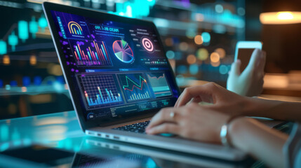 person's hands are seen typing on a laptop keyboard, with futuristic digital graphics of charts, graphs, and data analytics floating above the computer screen.