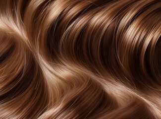 Close-up of wavy, shiny brown hair strands. Natural luster and depth of color. Healthy, glossy, elegant.