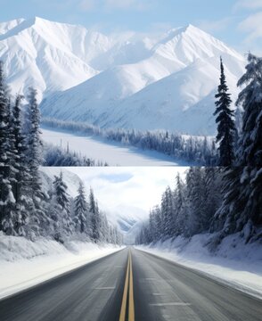  two pictures of a road in the middle of a snow covered mountain with pine trees in the foreground and a snow covered mountain in the middle of the background.