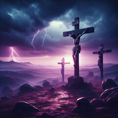 Jesus Christ dying on crucifix at Golgotha or Calvary, outside Jerusalem with atmospheric sky with lightening - obrazy, fototapety, plakaty