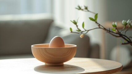  a wooden bowl sitting on top of a table next to a vase with an egg inside of it on top of a table next to a tree branch with a sofa in the background.