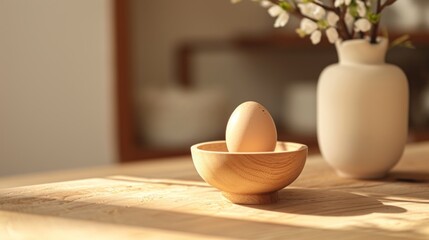 Fototapeta na wymiar a wooden bowl sitting on top of a table next to a vase with an egg in it and a white vase with a flower in it on a wooden table.
