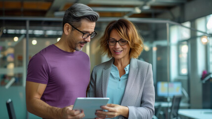 Two professionals are discussing over a tablet, with the woman holding a pen and paper in a well-lit office space filled with plants.