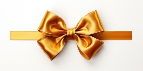 Golden silk bow with ribbon on a white background. Top view, postcard shot. Generative AI